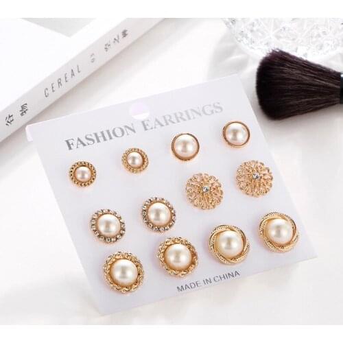 6pairs/set Newest Fashion Earring Bohemian Rhinestone Simulated Pearl flower Ethnic Carved Metal Stud Earring Set For Women Girl