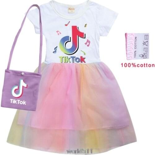 New Girls Children Tik Tok Summer Tik Tok Tutu Dress Kids Princess Rainbow Casual Birthday Party Fancy Dress +Bag 2Pcs