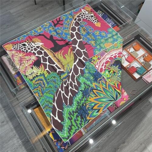 90cm Double Sided Print 100% Silk Women Scarf Design Giraffe Square Brand Scarf Shawl Hand Rolled Edges Hijab Bandana Natural