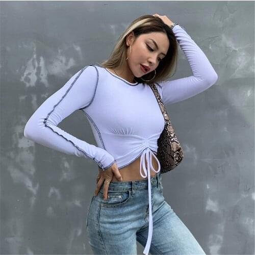 Spring Autumn Leisure Basic Tunic Women Long Sleeve Solid Color Round Neck Pullover Tee Fashion Tops Drawstring Waist T Shirts