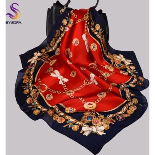 BYSIFA|Classical Red Black Silk Scarf Printed Fall Winter Women Square Scarves Hijabs Chain Bow Design 70cm Fashion Neck Scarf
