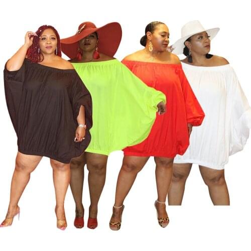 Chic Women Solid Color Puffy Dress Big Size Lady Sexy Slash Neck Loose Knee-Length Dresses 2021 Summer New Arrivals MH830