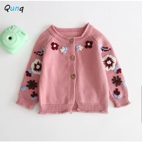 Qunq Baby Girls Sweater High Quality Flower Embroidery Infant Cardigan 2021 New Spring Knitted Newborns Tops Clothes