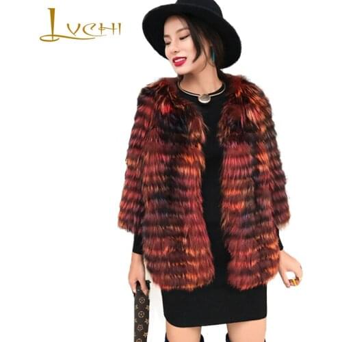 LVCHI 2019 Spring Imported Fox Fur Coat Slim O-Neck Fox Fur Coat Womens Striped Medium Causal Slim Contrast Color Fox Fur Coats
