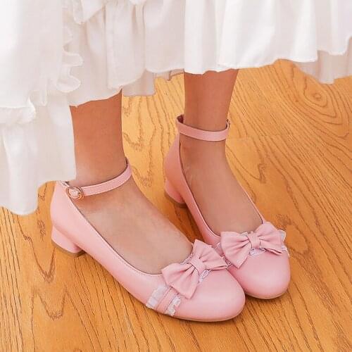 YQBTDL Summer 2020 Girls Sweet Cute Lace Ruffles Bowtie Pink White Low Heel Party Lolita Shoes Ankle Strap Chunky Heel Pumps