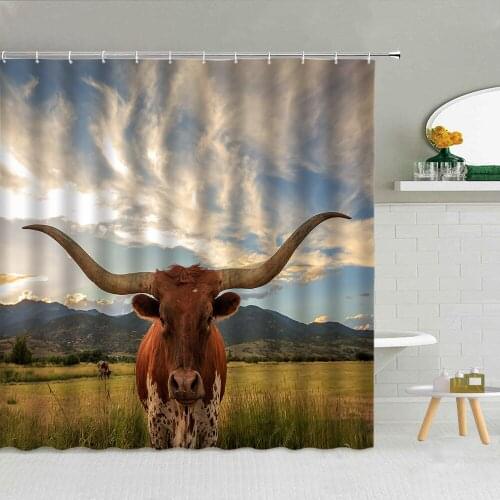 Farm Farmhouse Animal Cow Shower Curtain Blue Sky Grassland Spring Scenery Bathroom Decor Easter Waterproof Cloth Curtains Set
