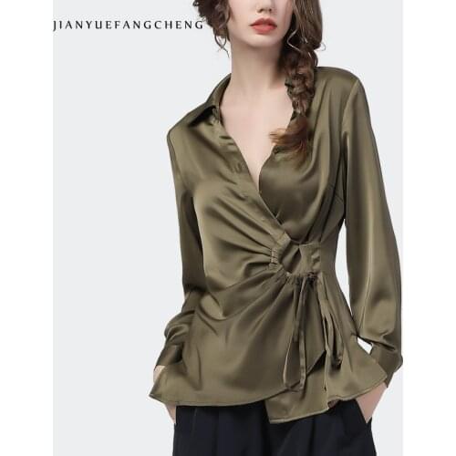 Satin Womens Tops Long Sleeve Olive Green Lace-Up Tunic Shirts 2021 Autumn New Elegant Slim V-Neck Asymmetric Female Blouse 4XL