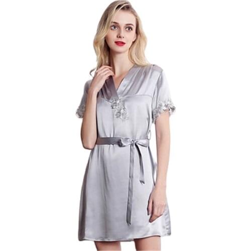 100% Mulberry Silk Fabric Sleepwear Lady Nightdress High-End Nightgown Embroidery Sleepdress Kimono Sexy Nightwear Lace Homewear
