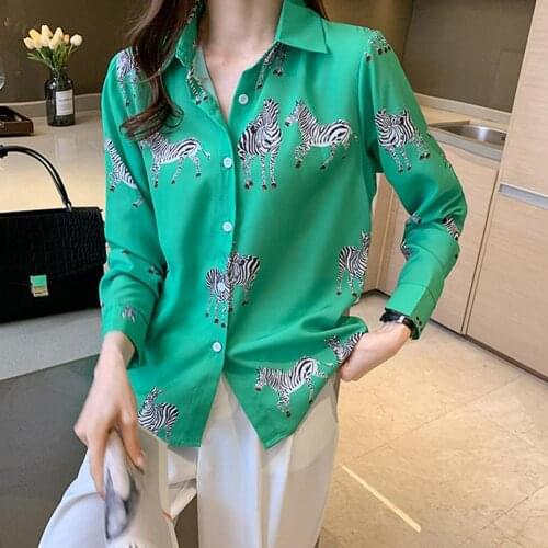 Women Shirt Animal Print Single-breasted Autumn Turndown Collar Long Sleeve All Match Blouse Streetwear