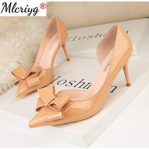 2021 Fashion High Heels Womens Shoes New Thin Heeled High Heels Delicate Slimming Bow Side Hollow Single Shoes Size:34-41