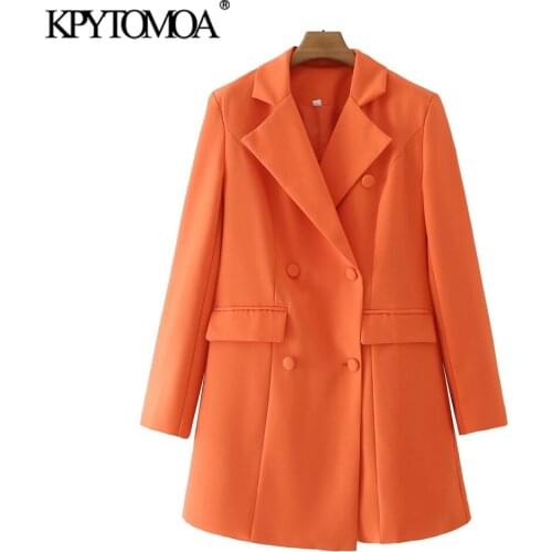 KPYTOMOA Women 2021 Fashion Double Breasted Long Blazer Coat Vintage Long Sleeve Flap Pockets Female Outerwear Chic Veste Femme