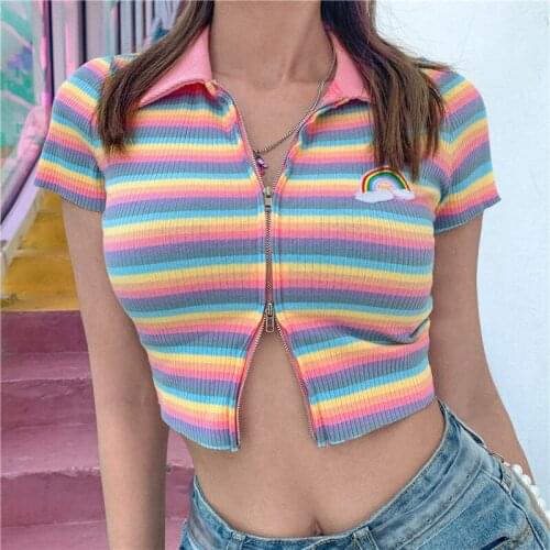 Y2k Rainbow Pink Strips Cute Summer Butterfly Print Slim Crop Top Pink Contrast Striped Short Sleeve T-Shirt Streetwear Women