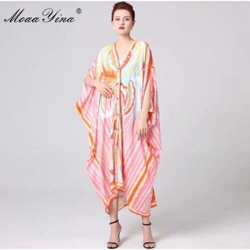 MoaaYina Spring Runway Bohemia Dresses Women V-neck Batwing Sleeve Color Stripe Print Casual Loose Robe Maxi Dresses
