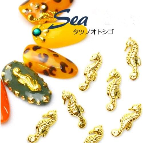 50pcs/pack Japan Korea Alloy Nail Art 3D Ocean Style Gold Silver Seahorse Metal Accessories for Phototherapy Nail Sticker DIY
