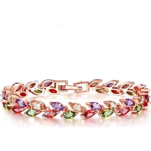 Ociki Rose Gold Color Leaf Colourful Crystal Cubic Zirconia Bracelet Jewelry Bangle for Girls Women Gift Drop Shiping Wholesale