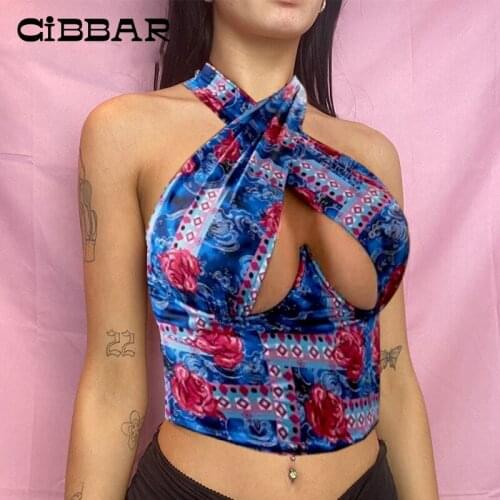 CIBBAR Flower Print Sexy Hollow Out Halter Tops Women Summer Casual Sleeveless Skinny Crop Top Vintage Chic Criss Cross Camisole