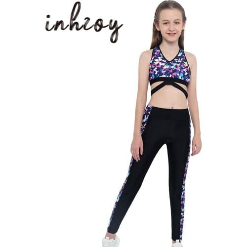 Kids Teens Sports Suits Tracksuit Geometric Print Crop Top Leggings Yoga Pants 2 Pieces Sets Girls Ballet Gymnastics Dance Wear