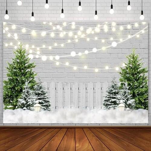 Winter Christmas Tree Photography Backgrounds Snowflake String Lights White Brick Wall Fence Backdrops Photo Studio Props Decor
