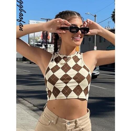 Ggbaofan 2021 Summer Plaid Y2K Crop Top Women Sleeveless Print Stripe O Neck Off Shoulder Shirts Sexy Tank Top Fashion Casual