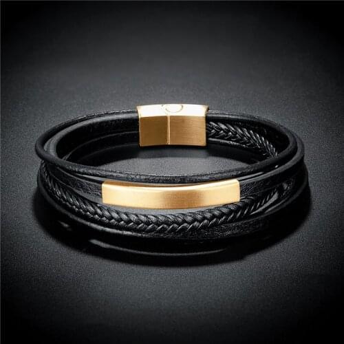Classic Mens Stainless Steel Bracelet Multi-layer Hand-Woven Leather Bracelet Gold Metal Magnet Buckle Bracelets For Men Male