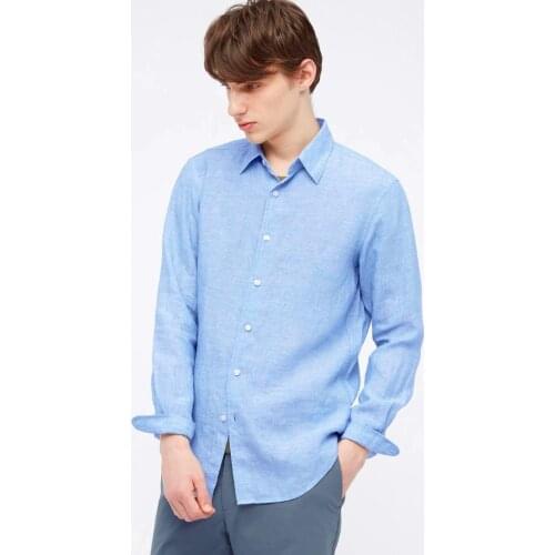 ALENMEZA Men 100 Linen Blue Shirt