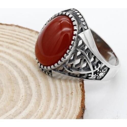 Thai Silver Men Stone Ring 925 Sterling Silver Natural Red Onyx Ring Double Sword Design for Men Women Turkish Handmade Jewelry