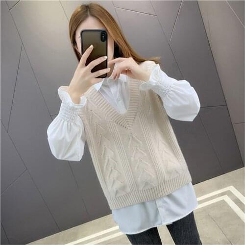 Sweater vest knitted top womens autumn and winter new Korean style sleeveless solid color v-neck sweater casual all-match