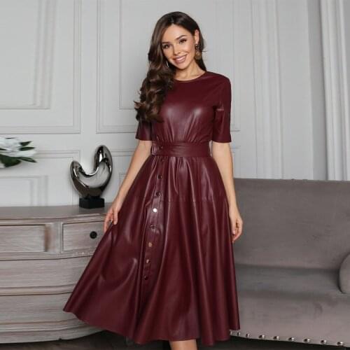 WOARCHO Casual O-Neck Half Sleeves Belt PU Leather Dresses Woman Solid Fit and Flare Mid-calf Dresses 2020 New Fashion