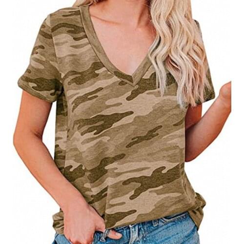 Camouflage Printed Summer Women T Shirt New V-neck Short-sleeved T-shirt Casual Top Female Plus Size 2XL Top