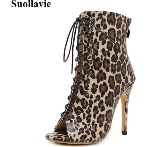 Нарядная женская обувь Leopard Print Peep Toe Mid-Calf Booties Lace Up Ladies Sandals High Heels Women Fashion Boots Sandals