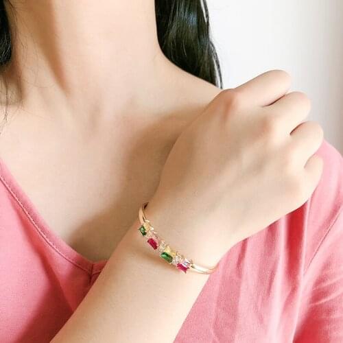 2019 New Gold color Copper Bracelets Rectangle Multicolor AAA Cubic Zirconia Fashion Bracelets For Women Jewelry Statement