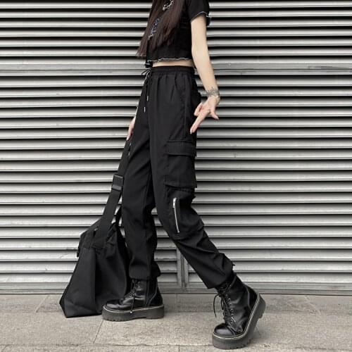 Women Cargo Pants High Waist Elastic Black Pockets Solid Female Trousers Streetwear Hip Hop Jogger