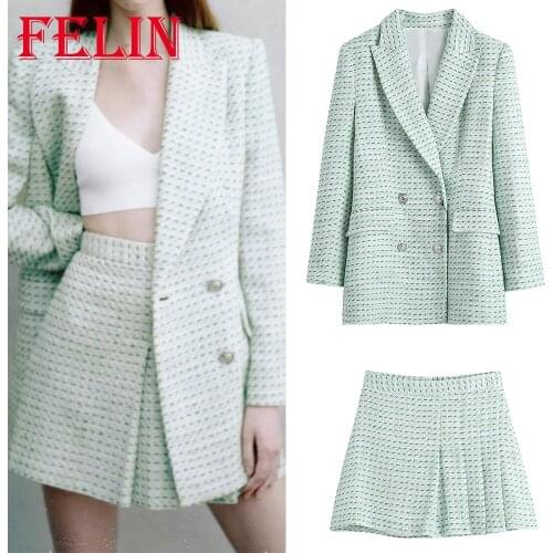 Za 2021 Stylish Women Suits Office Lady Plaid Oversized Long Blazer and High Waist Pleated Mini Skirts Elegant 2 Pieces Sets