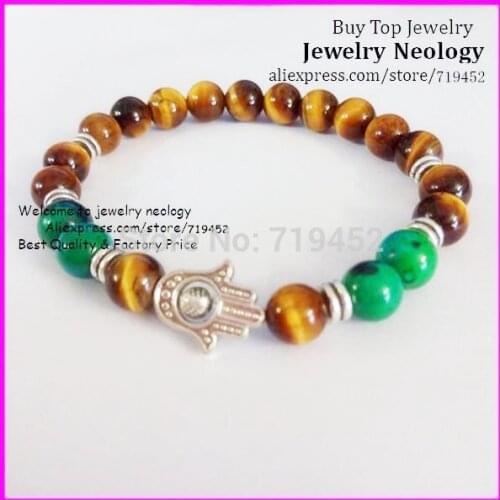 10pcs Fashion Hamsa Charm Men Bracelets New Design 8mm Natural Lapis Lazuli Tiger Eye Beads Hamsa Fatima Hand Bracelets Stretch