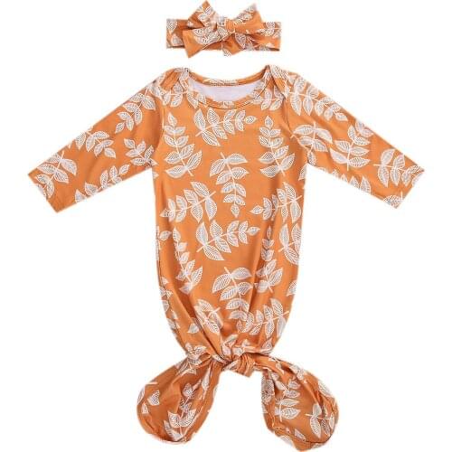 2020 0-6M Newborn Baby Boys Girls Fall Sleeping Bags+Headband Leaf Print Long Sleeve Sleepwear 2pcs Nightwear Cotton Clothes