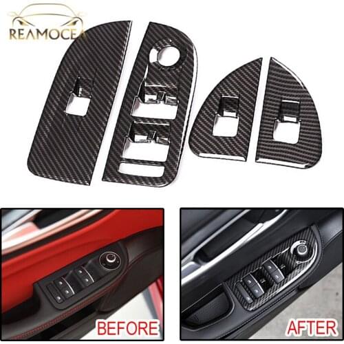 Reamocea 4Pcs Carbon Fiber Car Window Control Lift Switch Frame Cover Trim Fit For Alfa Romeo Giulia Stelvio 2017 2018 2019