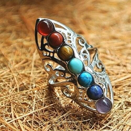 7 Chakras Beads Rings for Women Vintage Hollow Silver Plated Yoga Tiger Eyes Stone Adjustable Open Ring Boho Ethnic Jewelry Gift