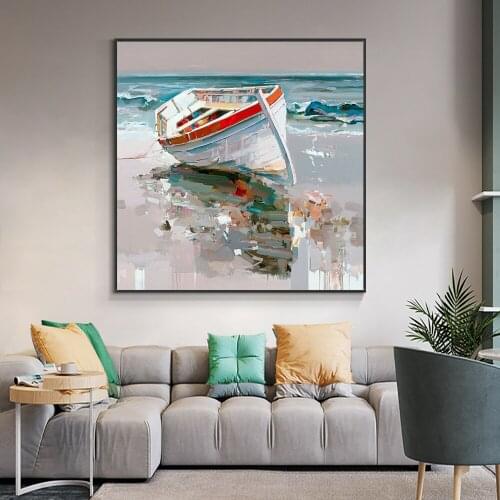 Abstract Textured White Boat On The Beach Oil Painting 100% Hand Painted On Canvas Modern Canvas Wall Art For Home Decoration