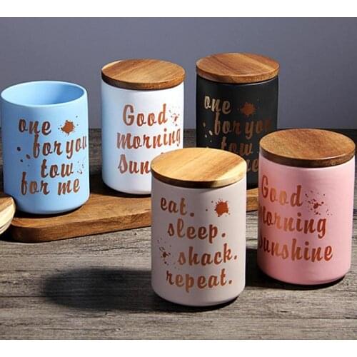 Creative Storage Jar Ceramic Wood Lid Storage Bottle Jar Kitchen Food Coffee Tea Candies Pot Seasoning Sealed Desktop Decoration
