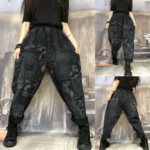 Denim Harem Pants Vintage Print Jeans Plus Size New Arrival Autumn Arts Style Women Elastic Waist Loose Casual Cotton