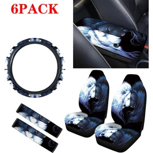 Black and white lion car seat cover+Steering wheel covers+Safety belt cover+Car center armrest cushion for Cars Trucks,Purp