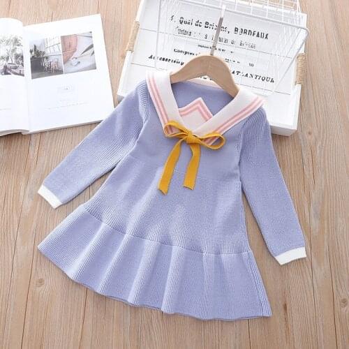 Girls Princess Dress 2021 Autumn Winter Baby Kids Children Long Sleeve Sweet Knitting Dress with Bowtie