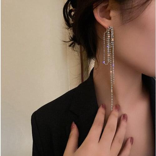 Long Tassel Crystal Earrings for Women Luxury Shining Geometric Rhinestone Dangle Earrings Vintage Fashion Jewelry