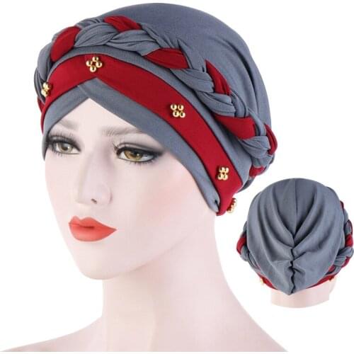 Two-Color Beaded Braid Hijab Caps Spring and Autumn Muslim Wrap Turban Cap Fashion Cotton Inner Hijabs Bonnet Ready To Wear