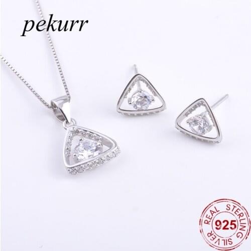Pekurr 925 Sterling Silver Crystal Gems Triangle Earrings Necklace Sets For Women Hollow Geometry Pendants Jewelry Set