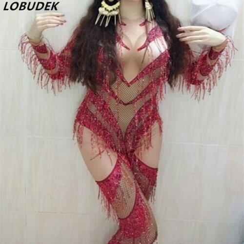 Red Tassels Zentai Crystals Diamond jumpsuit bright stone leotard bodysuit rompers Club Bar Halloween singer stage DS costumes