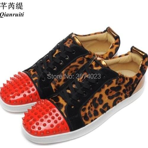 Qianruiti Smoking Shoes Men Leopard Print Sneakers Spiked Flats Casual Shoes Rubber Sole Sneakers for Men