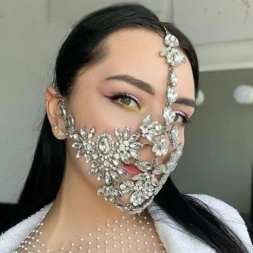 Exaggerated Halloween Crystal Bling Mask Hanemade Jewelry for Women Statment Rhinestone Flower Decorative Mask Party Jewellery