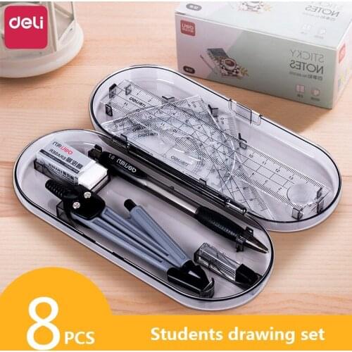 1Set 8Pcs Math Set Compasses Ruler Triangle Square Ruler Students Test Homework Drawing Design School Supplies Deli 9591
