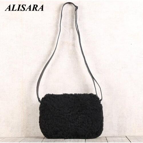 Alisara Lady Mini Messenger Bag First Layer Sheepskin Leather Plush Cell Phone Handbag Casual Small Crossbody Shoulder Satchels